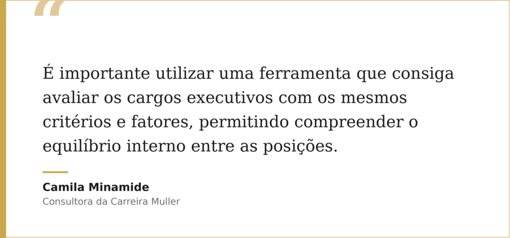 É importante utilizar uma ferramenta que consiga avaliar os cargos executivos com os mesmos critérios e fatores, permitindo compreender o equilíbrio interno entre as posições e definir com mais clareza os níveis de gestão que a organização possui